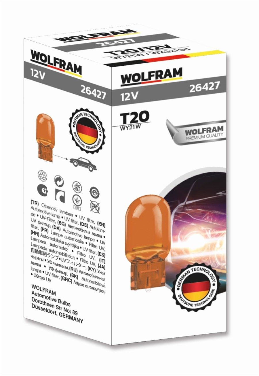 Wolfram T20 93 WY21W Jumbo Dipsiz Tekli Sarı Ampul